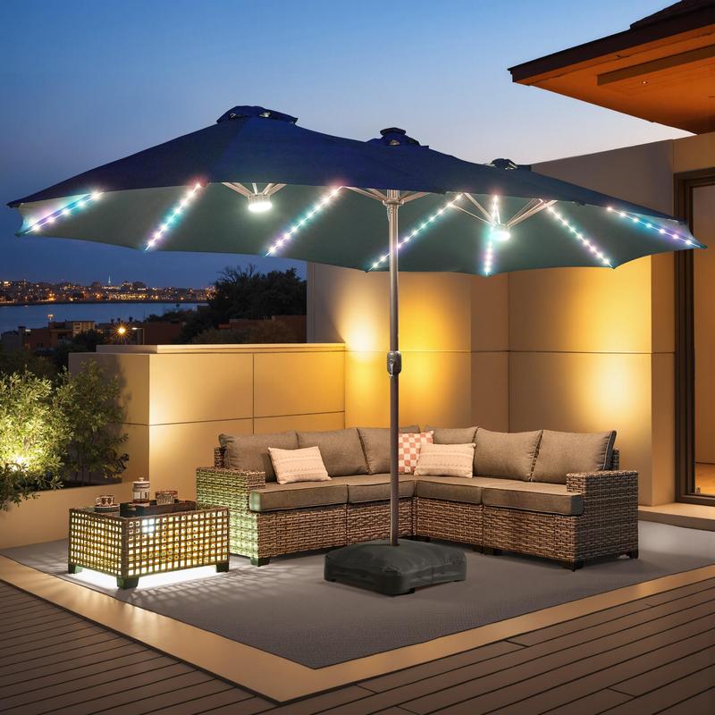 [Iluminación Mejorada de Mayor Brillo] Sombrilla de Patio Lateral Ajustable de Alta Gama (15 pies) con Luces Solares; Sombrilla de Piscina Exterior de Doble Cara y Tamaño Extra Grande con Manivela; Iluminación Solar con Cambio de Color y Protección UV; So
