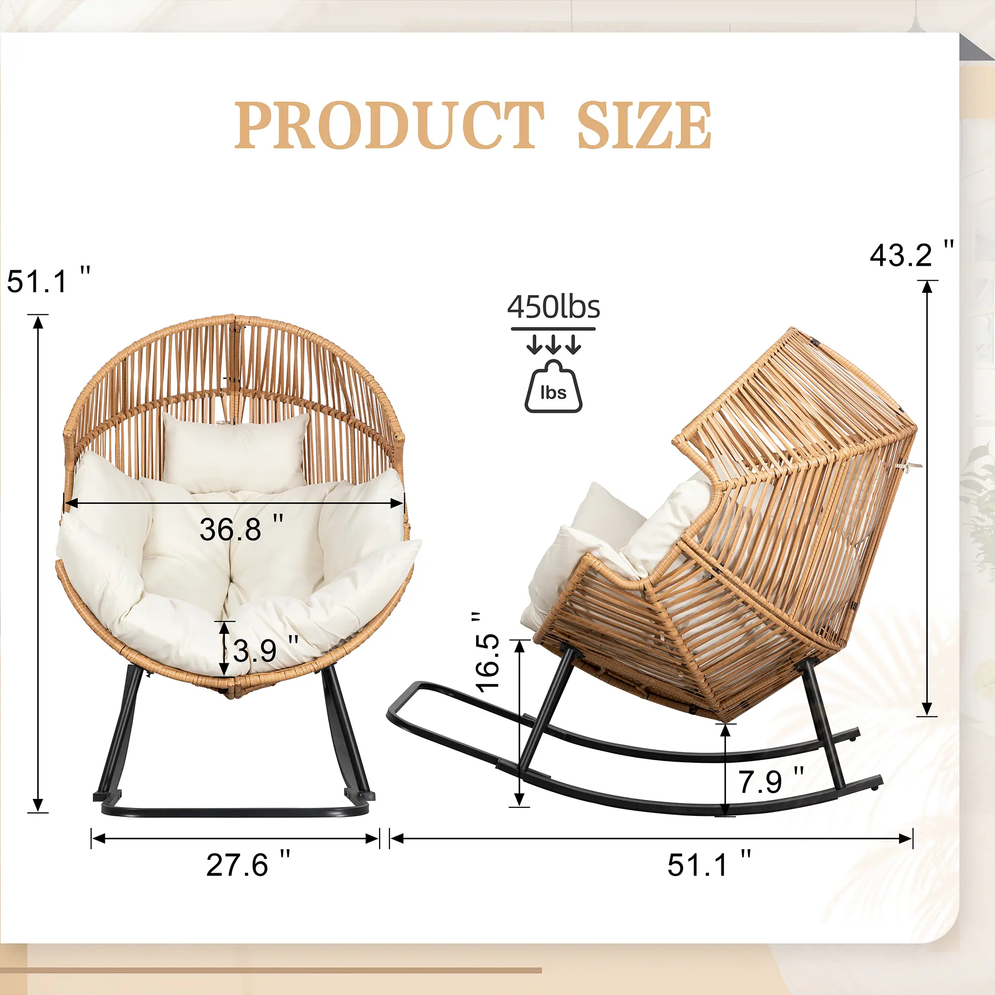 Sillón mecedora de mimbre para interiores y exteriores; silla tipo huevo de gran tamaño con cojín y capacidad de carga de 450 libras; ideal para dormitorio, balcón o jardín.