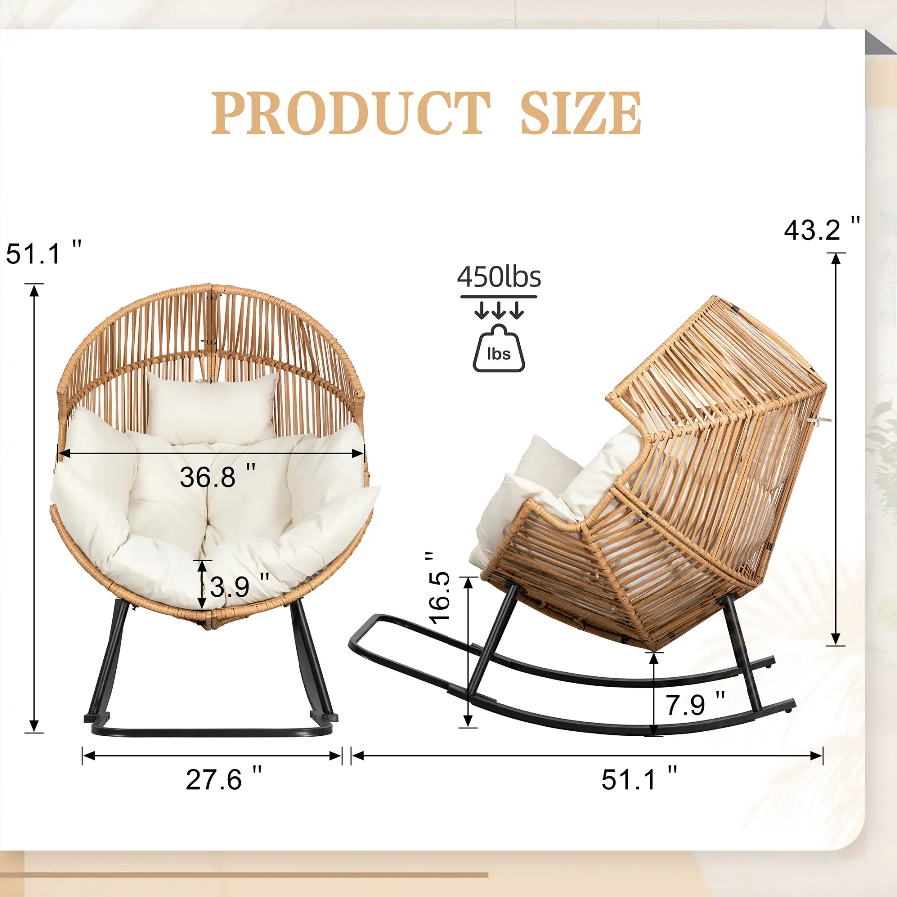 Sillón mecedora de mimbre para interiores y exteriores; silla tipo huevo de gran tamaño con cojín y capacidad de carga de 450 libras; ideal para dormitorio, balcón o jardín.