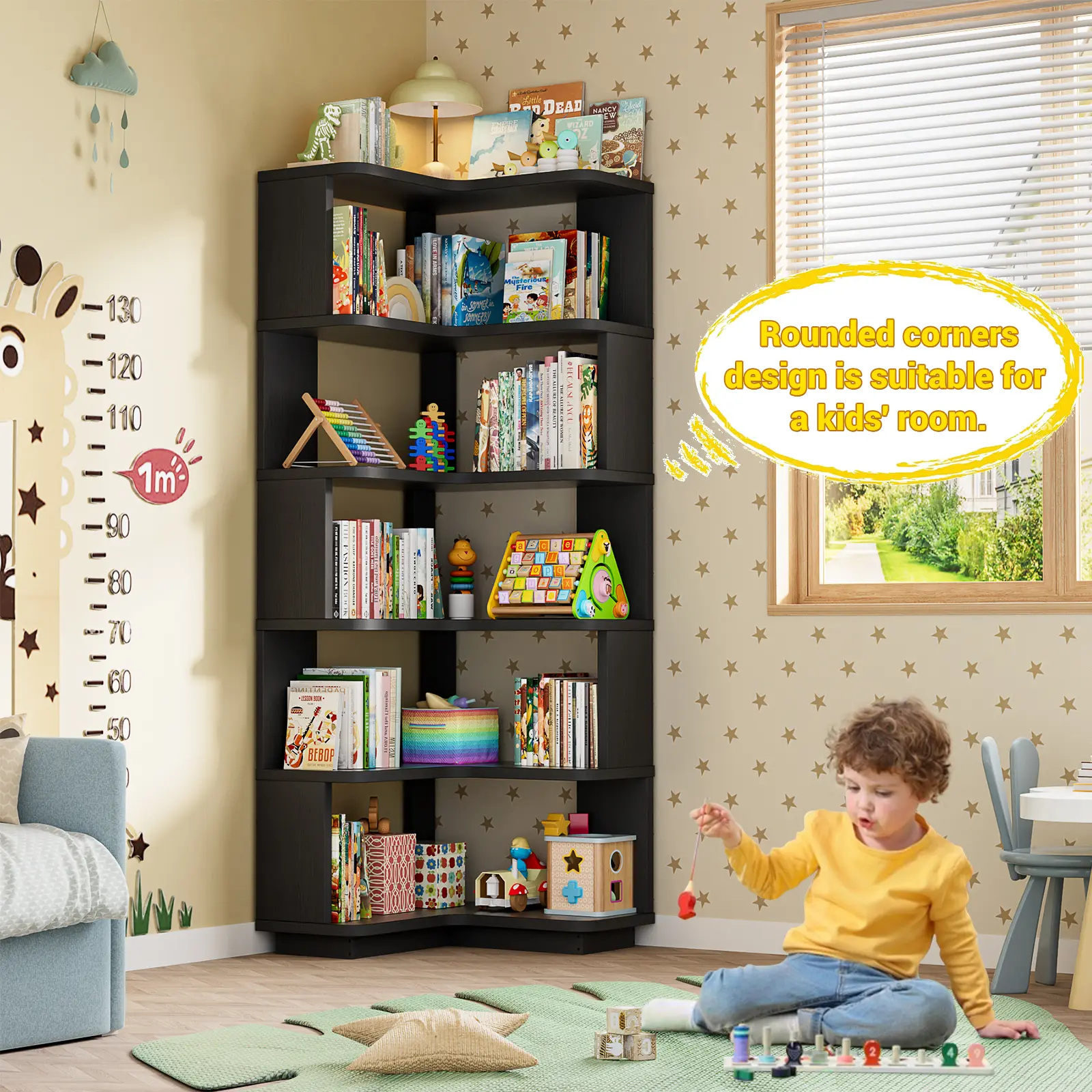Estantería esquinera de madera, librería independiente en forma de L con panel divisorio, mueble expositor robusto con estantes para oficina en casa, sala de estar y dormitorio.