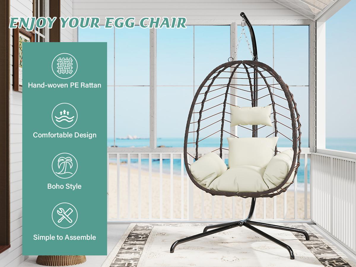 RIWENGO Hanging Egg Chair with Stand &ndash; Handwoven Rattan Patio Swing with Cushion, 350lb Capacity &ndash; Indoor/Outdoor Chic for Patio, Garden & Poolside