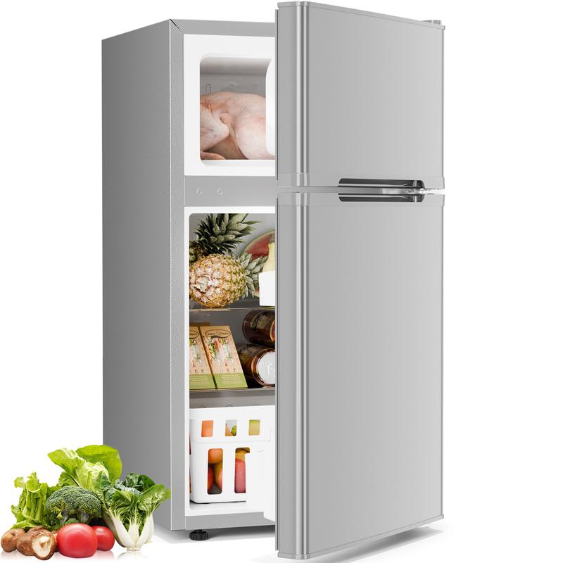 [Existencias limitadas] Mininevera de 3,2 pies cúbicos con congelador; refrigerador compacto de doble puerta con estantes ajustables y extraíbles, ideal para dormitorios, apartamentos, oficinas o sótanos.