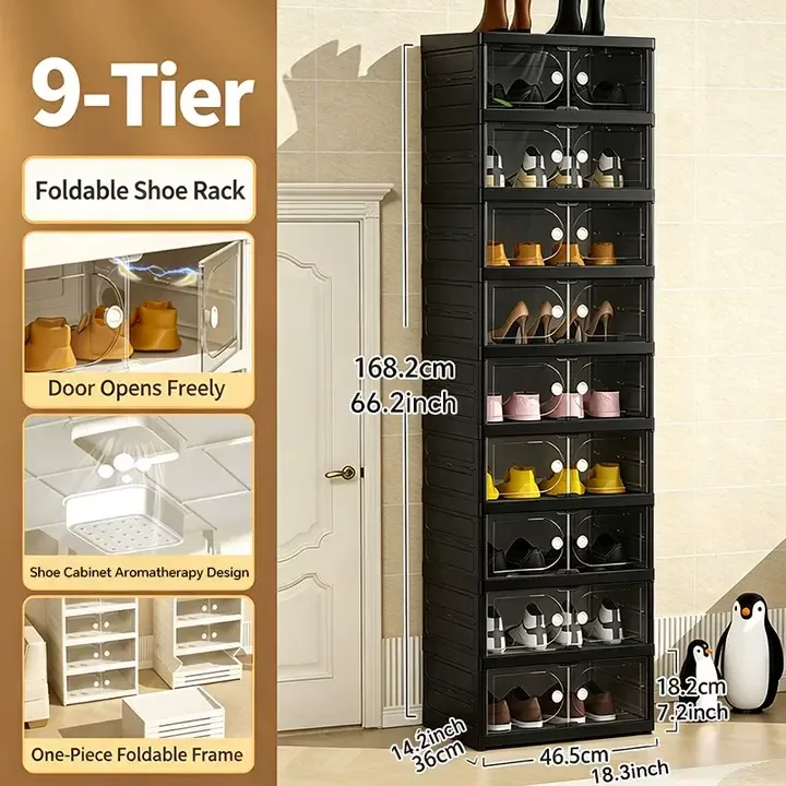 Zapatero Plegable de 10 Niveles con Puertas Transparentes Magnéticas, Capacidad para 20 Pares de Zapatos, Gran Capacidad, Apilable, Resistente, Ahorra Espacio y Sin Instalación