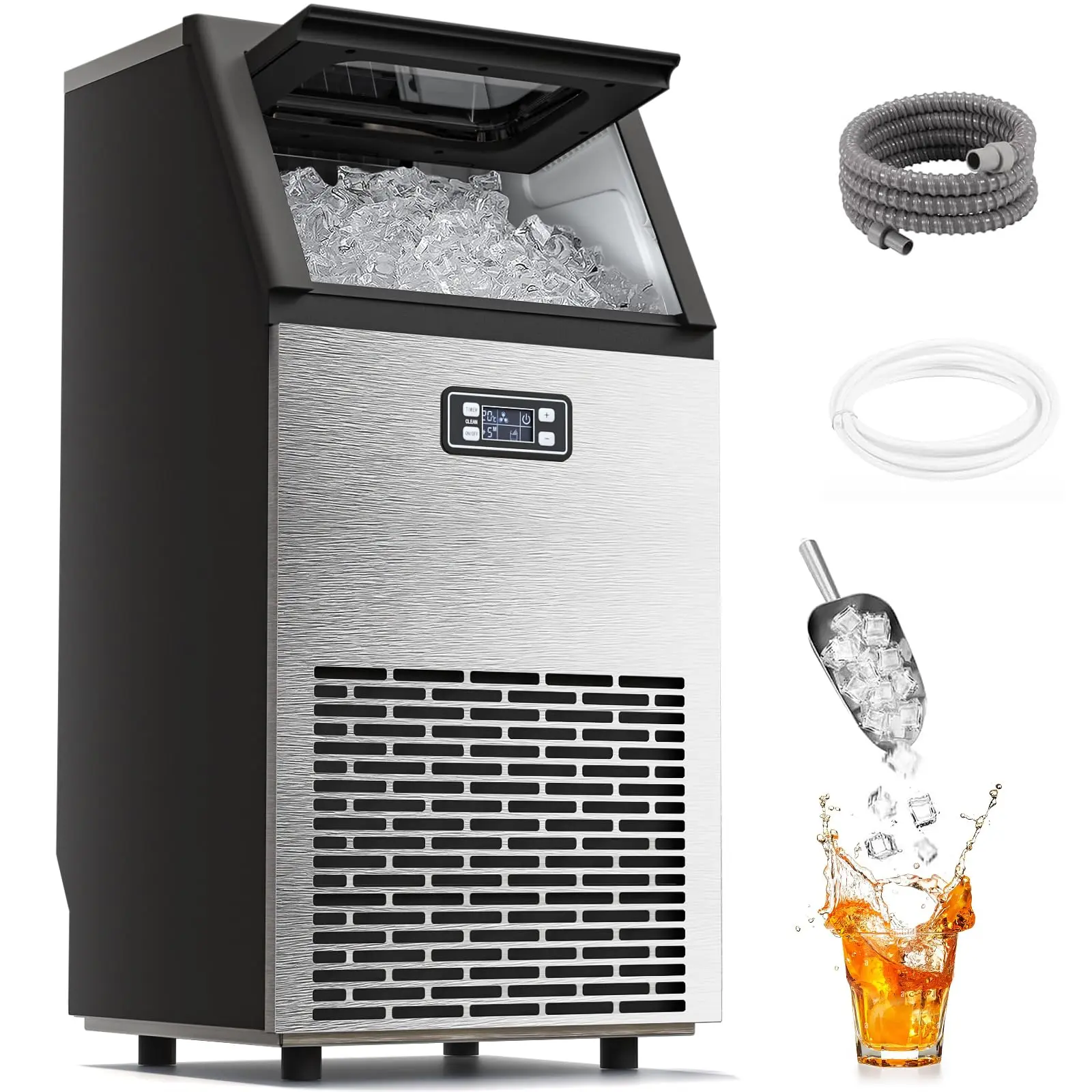 Máquina de hielo comercial Kismile — Modelo 2026 mejorado — Producción de 66, 80 o 100 libras en 24 horas — Fabricadora de hielo de acero inoxidable con capacidad de almacenamiento de 33 libras — Modelo independiente con función de autolimpieza, ideal par