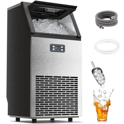 Máquina de hielo comercial Kismile — Modelo 2026 mejorado — Producción de 66, 80 o 100 libras en 24 horas — Fabricadora de hielo de acero inoxidable con capacidad de almacenamiento de 33 libras — Modelo independiente con función de autolimpieza, ideal par