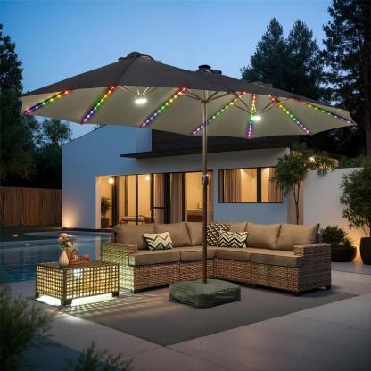 [Iluminación Mejorada de Mayor Brillo] Sombrilla de Patio Lateral Ajustable de Alta Gama (15 pies) con Luces Solares; Sombrilla de Piscina Exterior de Doble Cara y Tamaño Extra Grande con Manivela; Iluminación Solar con Cambio de Color y Protección UV; So