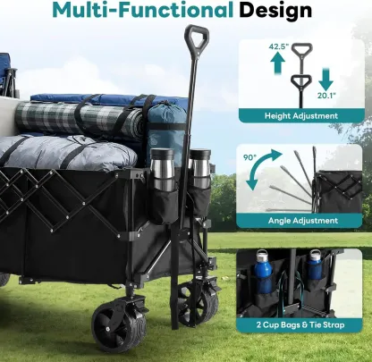 Carro de jardín de acero resistente: carrito multiusos plegable de 300 L, capacidad de 180 kg, ruedas de 7 pulgadas, ideal para acampada y jardinería; disponible en negro, azul y gris.