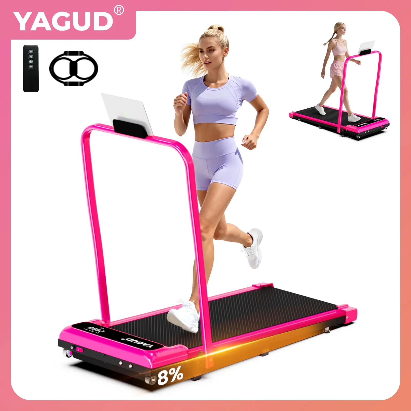 Cinta de caminar plegable, capacidad de carga de 120 kg (265 libras), cinta de correr con superficie amplia, motor silencioso, doble sistema de amortiguación, control remoto y ruedas para un fácil desplazamiento.
