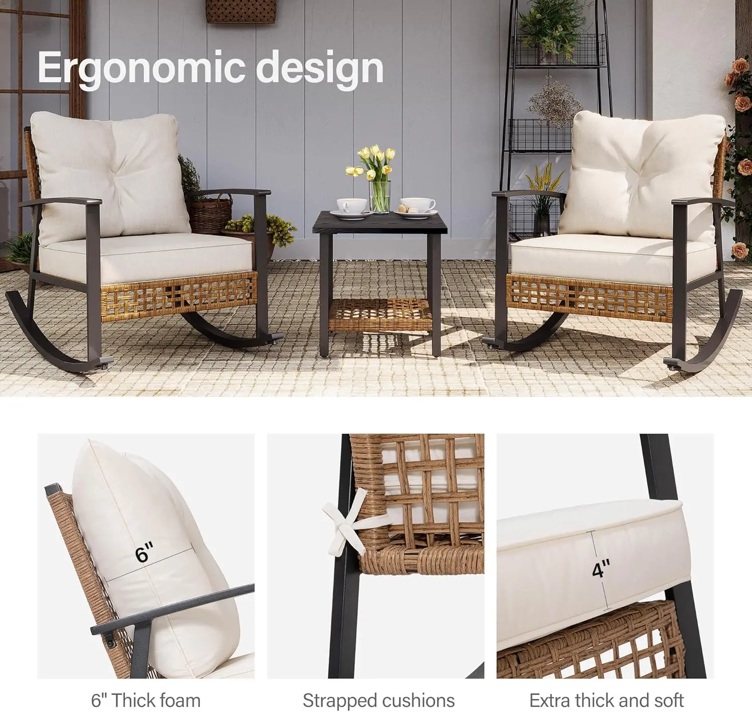 Set de 3 Muebles de Jardín Tipo Mecedora con Cojines Gruesos y Mesa de Café de 2 Niveles, Conjunto de Ratán para Exterior, Ideal para Patio, Jardín y Balcón (Beige)