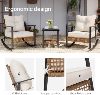 Set de 3 Muebles de Jardín Tipo Mecedora con Cojines Gruesos y Mesa de Café de 2 Niveles, Conjunto de Ratán para Exterior, Ideal para Patio, Jardín y Balcón (Beige)