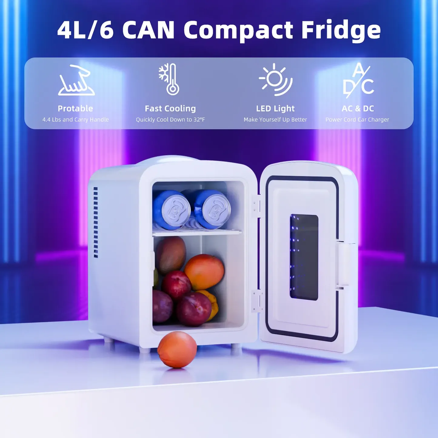 Mininevera compacta de 4 L con iluminación gaming: refrigerador portátil para 6 latas, ideal para dormitorio, coche, oficina o residencia de estudiantes; para almacenar cosméticos, bebidas y alimentos.