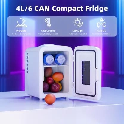 Mininevera compacta de 4 L con iluminación gaming: refrigerador portátil para 6 latas, ideal para dormitorio, coche, oficina o residencia de estudiantes; para almacenar cosméticos, bebidas y alimentos.