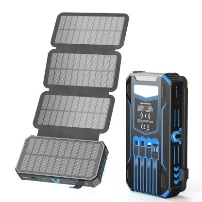 Batería Externa Solar de 48.000 mAh, Cargador Portátil Inalámbrico con 4 Cables Integrados y 7 Salidas, Carga Rápida de 15 W con USB-C y Linterna, Compatible con Todos los Dispositivos Móviles.