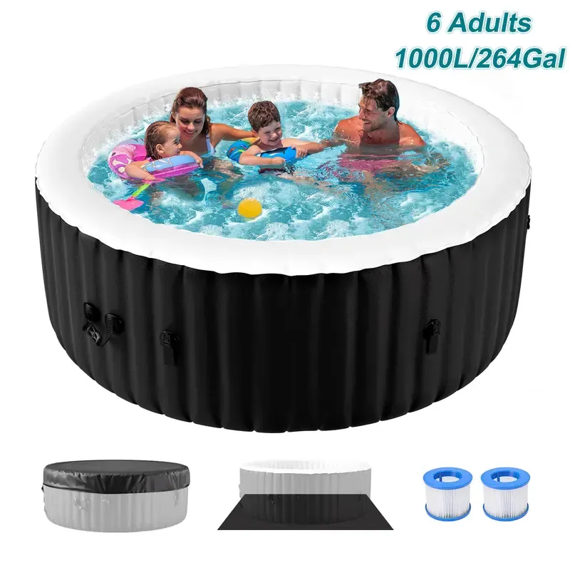 Spa Inflable Exterior para 4-6 Personas, Jacuzzi Portátil con 130 Chorros de Burbujas, Bomba de Calor y Filtro, Ideal para Patio y Jardín