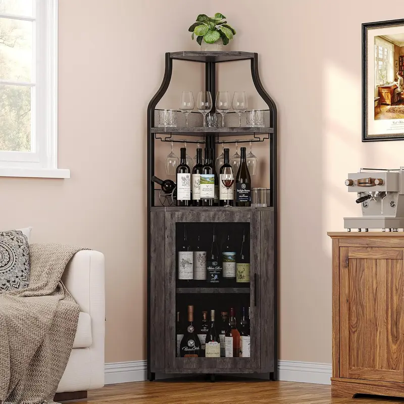 Mueble esquinero para vinos con estante extraíble y puerta estilo granero de 5 niveles