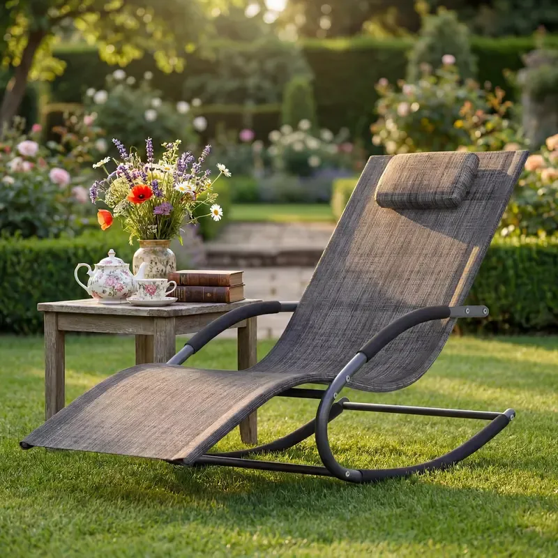 Oferta Flash para el Hogar – Silla Reclinable de Exterior Ajustable con Malla Transpirable, Estructura de Acero Resistente para Todo Clima, Reposabrazos de NBR y Almohada, Soporta hasta 300 lb, Ideal para Jardín, Patio y Terraza, Marrón/Gris