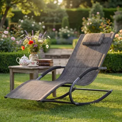 Oferta Flash para el Hogar – Silla Reclinable de Exterior Ajustable con Malla Transpirable, Estructura de Acero Resistente para Todo Clima, Reposabrazos de NBR y Almohada, Soporta hasta 300 lb, Ideal para Jardín, Patio y Terraza, Marrón/Gris