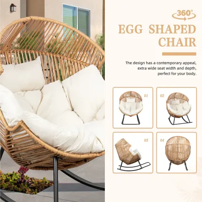 Sillón mecedora de mimbre para interiores y exteriores; silla tipo huevo de gran tamaño con cojín y capacidad de carga de 450 libras; ideal para dormitorio, balcón o jardín.