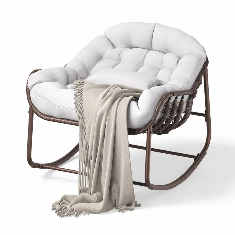 Silla Mecedora Tipo Huevo Papasan XL para Exterior, de Ratán Sintético, con Cojín Grueso Impermeable, Estructura Metálica Reforzada, Ideal para Balcón, Patio, Porche y Sala, Soporta hasta 450 lb
