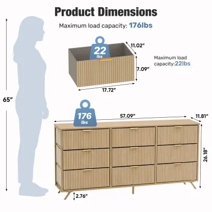 Cómoda de 9 Cajones de Tela, Aparador de Madera de 57", Mueble TV Moderno para 35/45/55", Gran Capacidad de Almacenamiento con Base Reforzada
