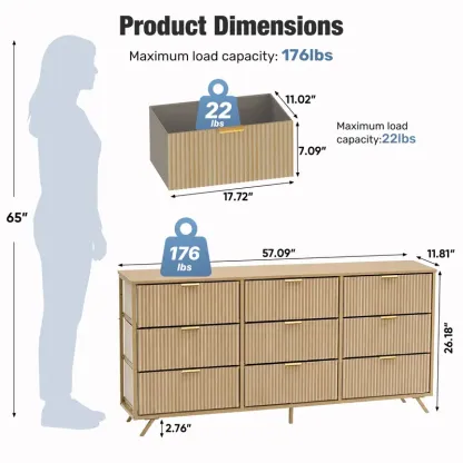 Cómoda de 9 Cajones de Tela, Aparador de Madera de 57", Mueble TV Moderno para 35/45/55", Gran Capacidad de Almacenamiento con Base Reforzada
