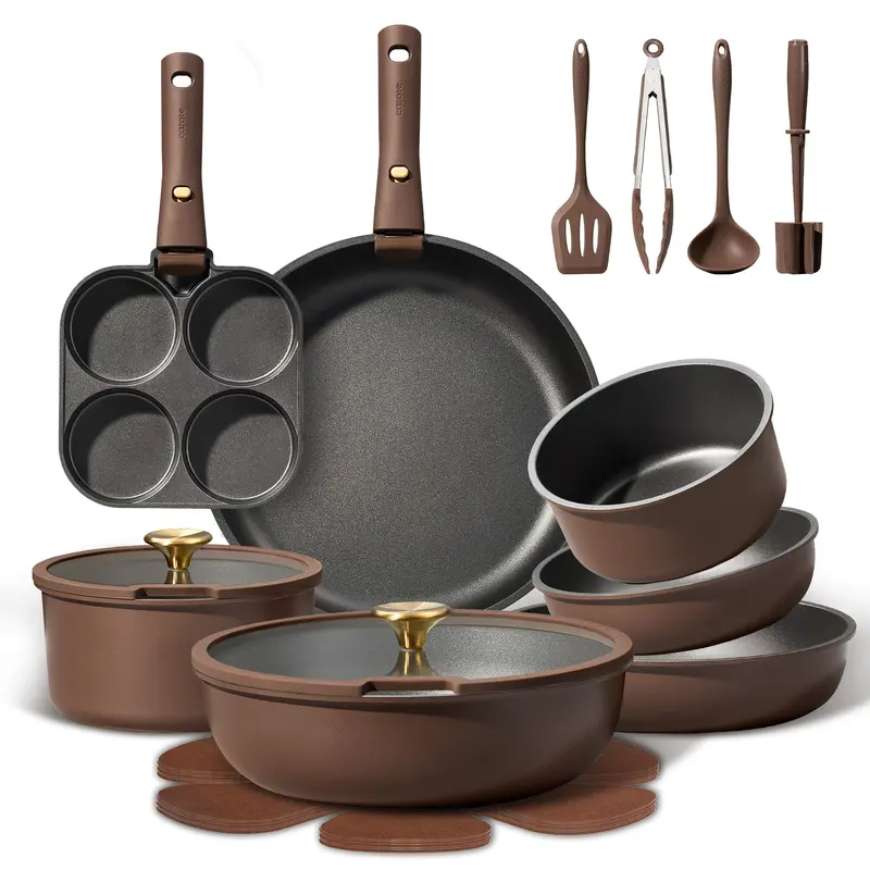 Juego de utensilios de cocina antiadherentes de 21 piezas con mangos desmontables, compatible con inducción, apto para lavavajillas, ideal para autocaravanas, en elegantes tonos dorado y morado.