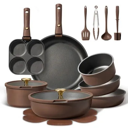 Juego de utensilios de cocina antiadherentes de 21 piezas con mangos desmontables, compatible con inducción, apto para lavavajillas, ideal para autocaravanas, en elegantes tonos dorado y morado.