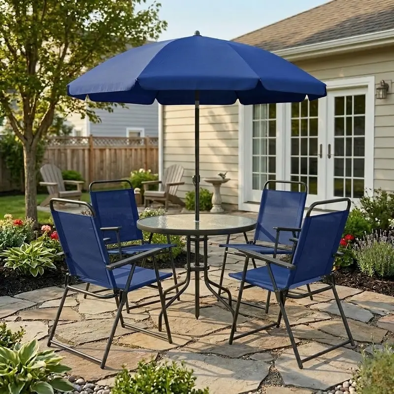 Juego de comedor para patio de 6 piezas para 4 personas con sombrilla, mesa y sillas de exterior (incluye 4 sillas plegables y mesa redonda de vidrio) para jardín, patio trasero y zona de piscina.