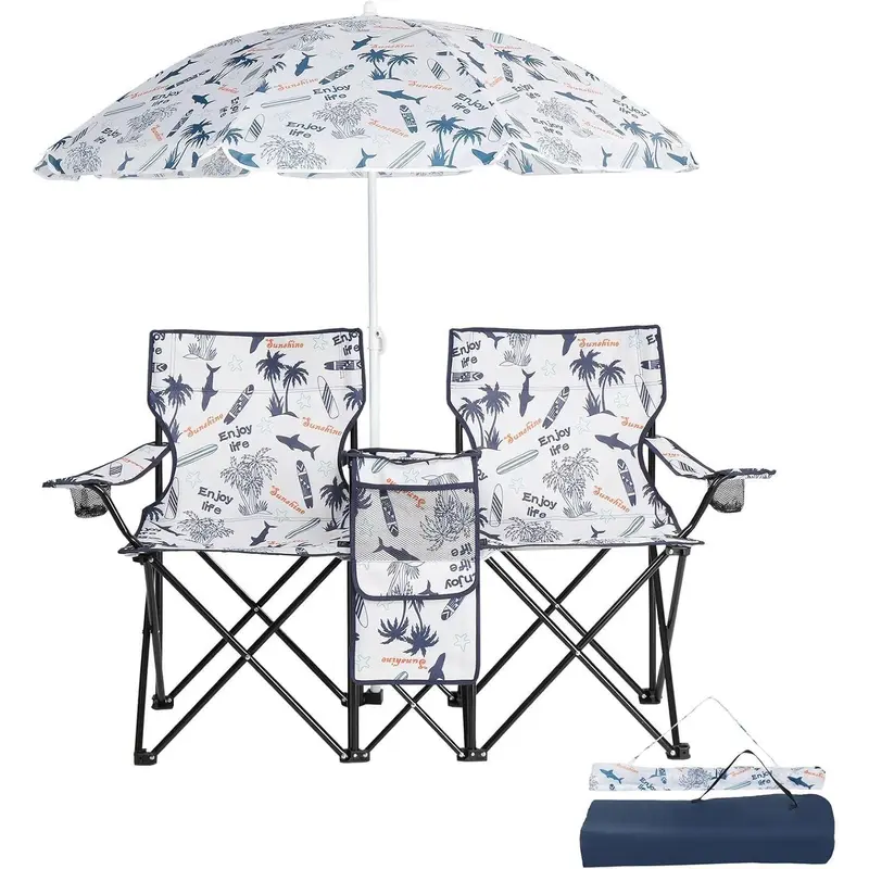 Silla Doble Plegable para Camping con Sombrilla, Portavasos, Nevera y Mesa Auxiliar, Resistente y Portátil para Playa, Patio, Piscina y Exterior (Azul)