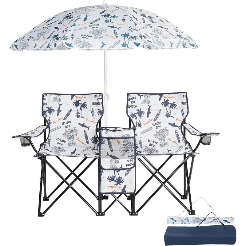 Silla Doble Plegable para Camping con Sombrilla, Portavasos, Nevera y Mesa Auxiliar, Resistente y Portátil para Playa, Patio, Piscina y Exterior (Azul)