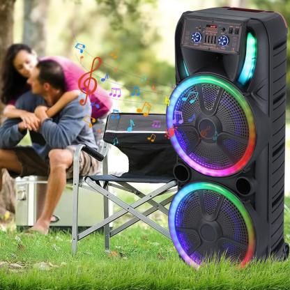 Sistema de altavoces para karaoke con doble woofer de 15 pulgadas — Altavoz portátil tipo "Party Box" con 2 micrófonos, Bluetooth inalámbrico, sonido estéreo, batería recargable, control remoto e iluminación LED.