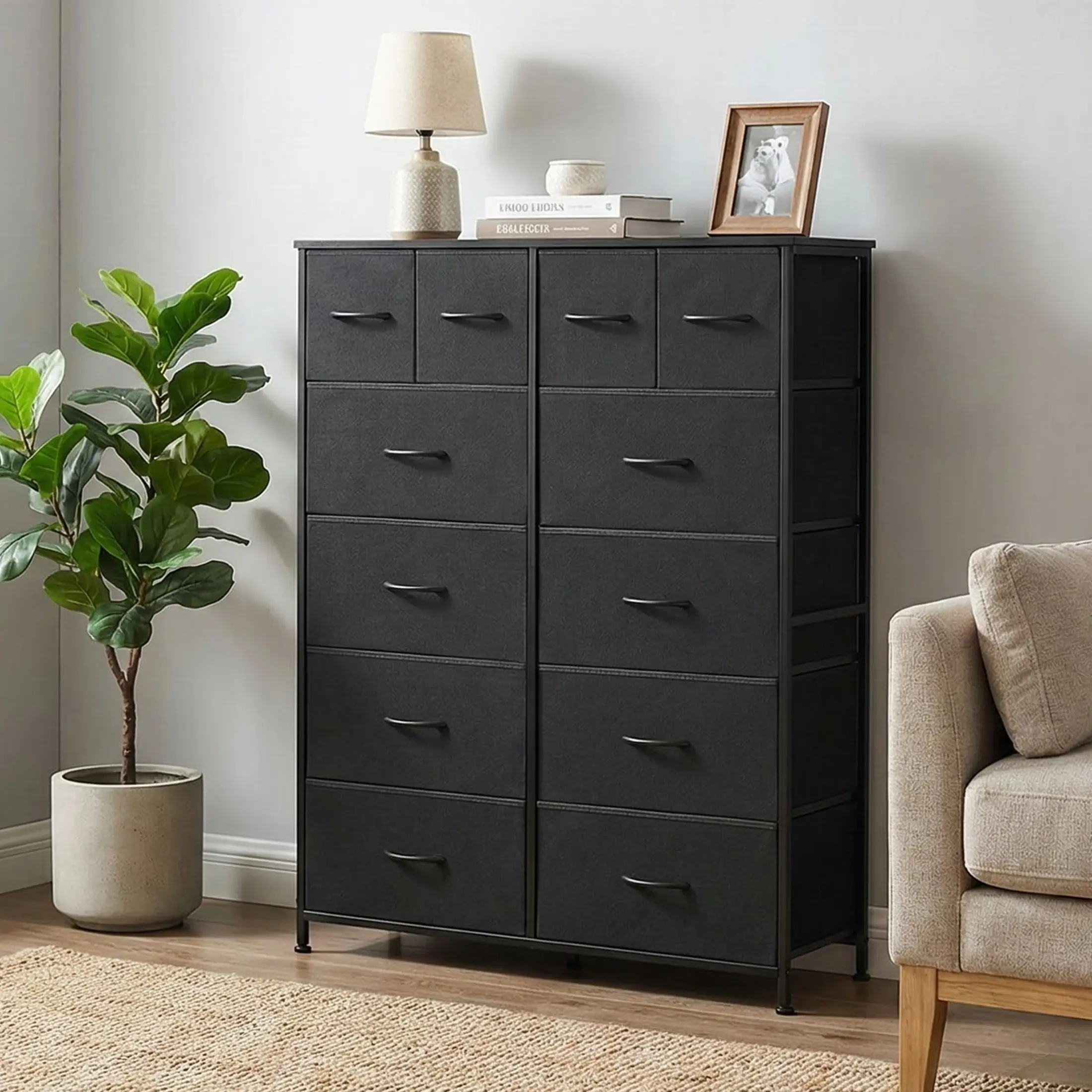 Cómoda de tela con 12 cajones: mueble de almacenamiento práctico para dormitorios, solución de organización para el hogar y la oficina, cajones de tela extraíbles, múltiples cajones de almacenamiento.