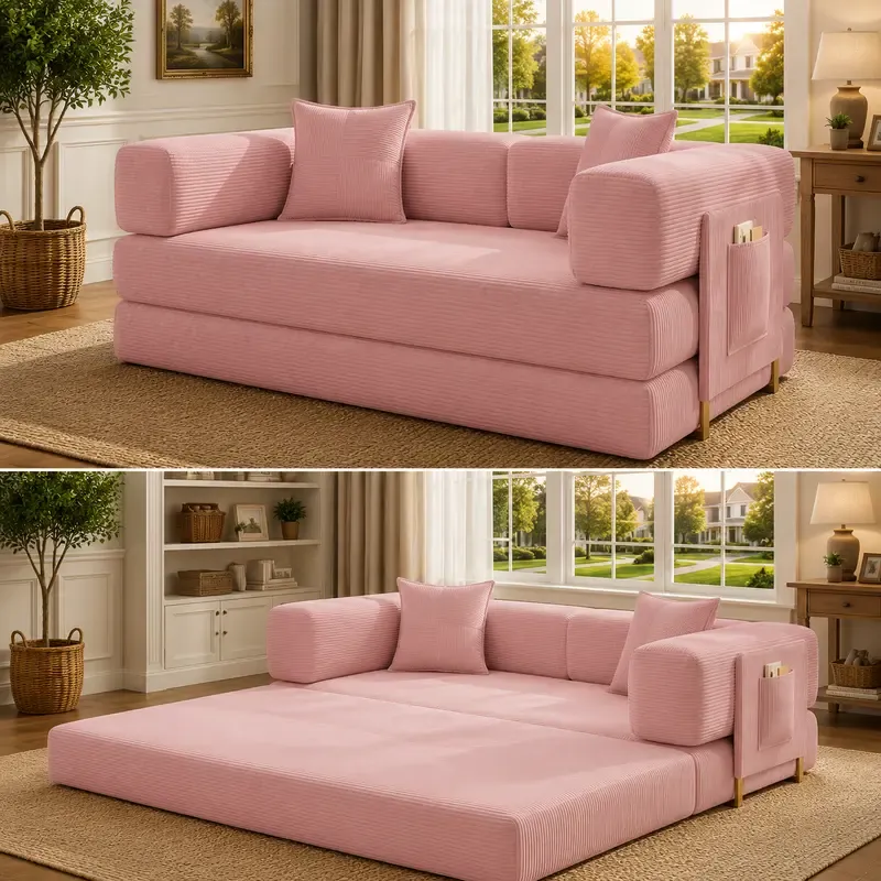 Sofá cama futón convertible de pana de 78,8 pulgadas; sofá sin estructura rígida que no requiere montaje, con bolsillo de almacenamiento para sala de estar; color verde; ideal para dormitorios y decoración del hogar.