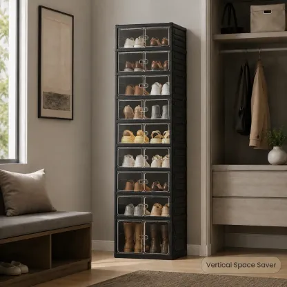 Zapatero plegable con puertas magnéticas transparentes, unidad de almacenamiento de 9 niveles para 18 pares de zapatos, diseño sencillo, gran capacidad, resistente, zapatero de plástico apilable, ahorra espacio, no requiere instalación.