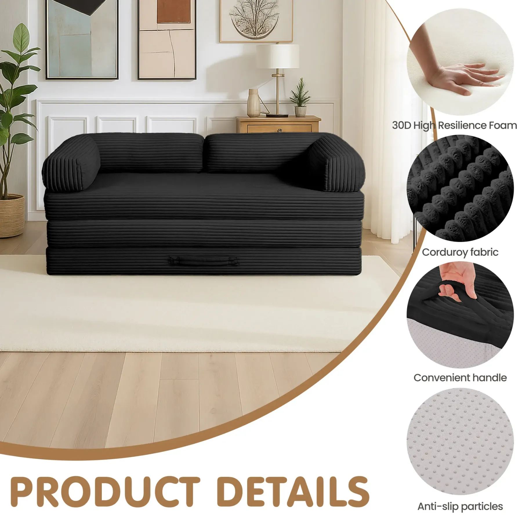 Sofá cama plegable convertible 5 en 1 (tamaño Queen) con colchón de tres pliegues y reposabrazos; sofá futón de suelo sin estructura para sala de estar, dormitorio o apartamento.