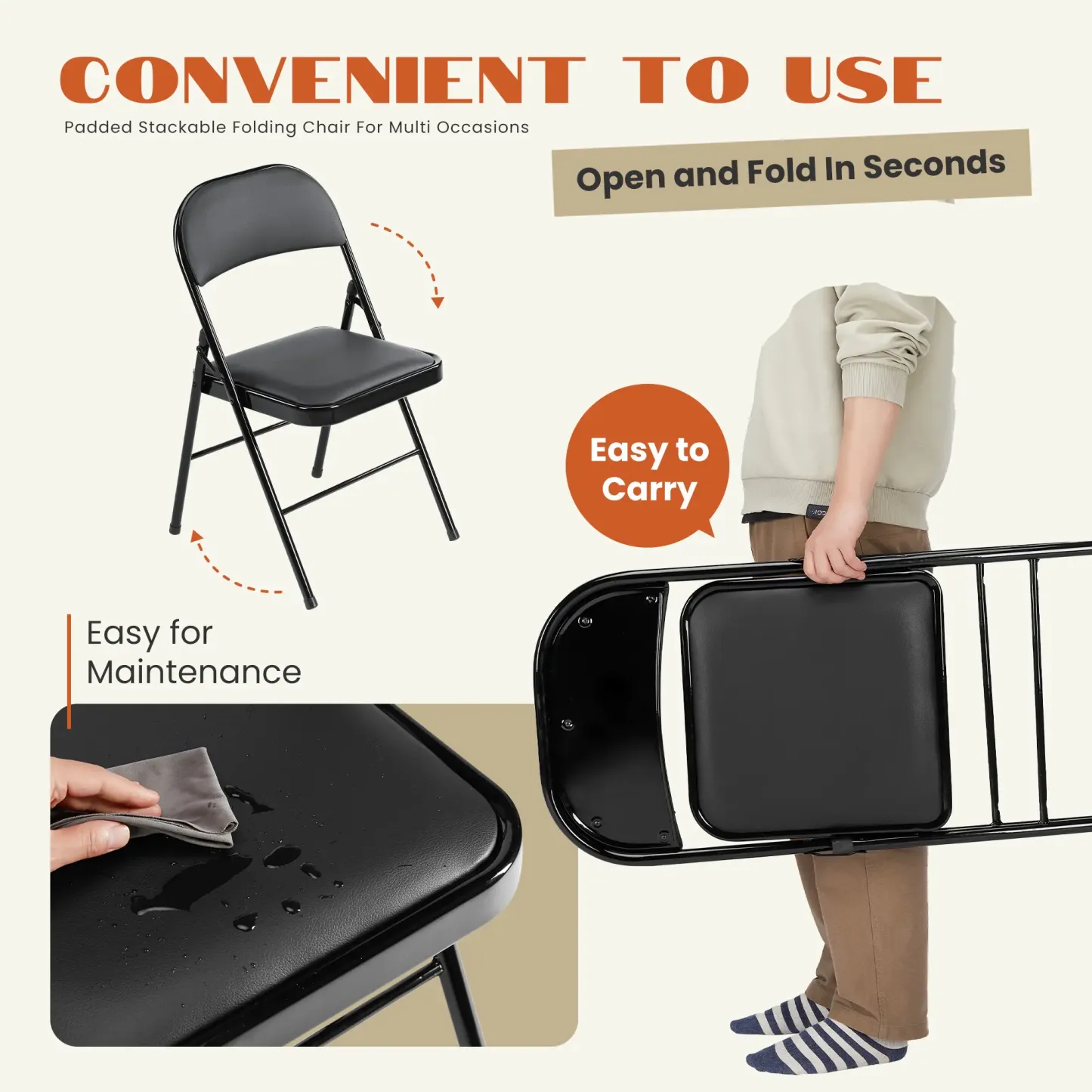 【Paquete económico】 Silla plegable con asiento acolchado en piel, estructura metálica robusta, asiento versátil para uso en interiores y exteriores.