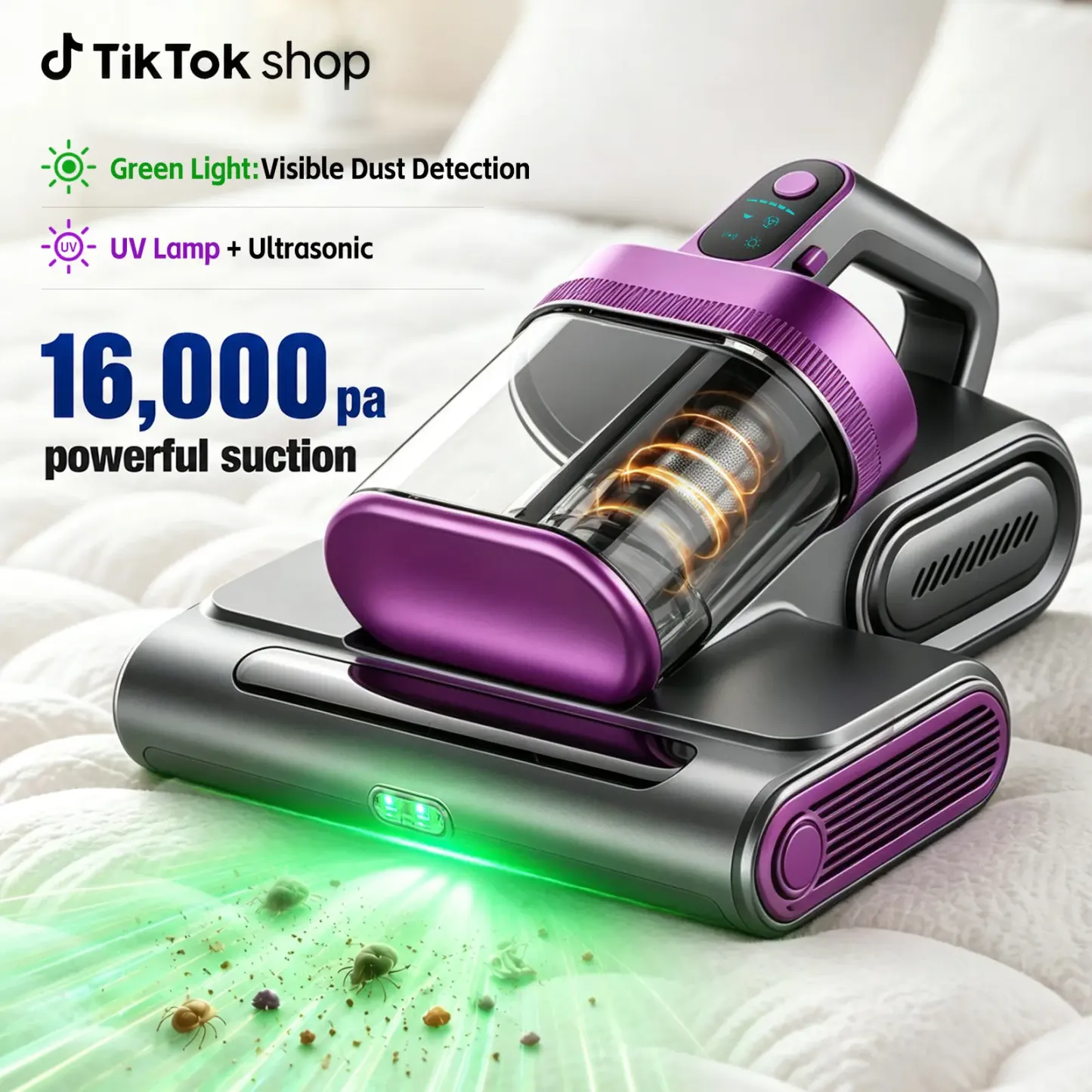 Aspiradora inalámbrica para colchones, aspiradora de limpieza profunda (16 kPa) con función de golpeteo a 80.000 RPM, luz UV-C y ultrasonidos, y depósito de polvo con doble filtro HEPA; ideal para sofás, cunas y pelo de mascotas (sohochic).