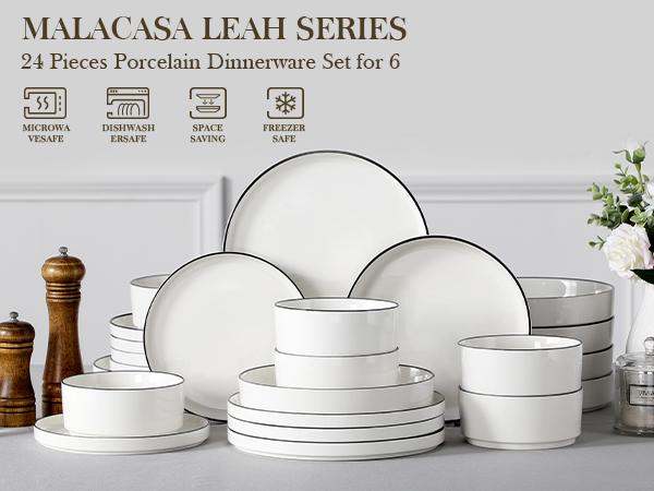MALACASA LEAH Series Porcelain Tableware Set - 4/6-Person Ceramic Dinnerware Service Set, Chip-Resistant, Microwave & Dishwasher Safe Plates, Bowls & Pasta Dishes, Ceramic Dinnerware Set