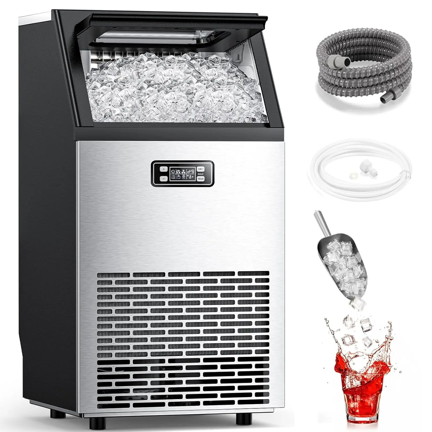 Máquina de Hielo Comercial de 100 lb con Autolimpieza, Fabricadora de Hielo de Acero Inoxidable con Temporizador de 24 Horas y Cesta de 33 lb, Ideal para Hogar, Bar, Oficina y RV