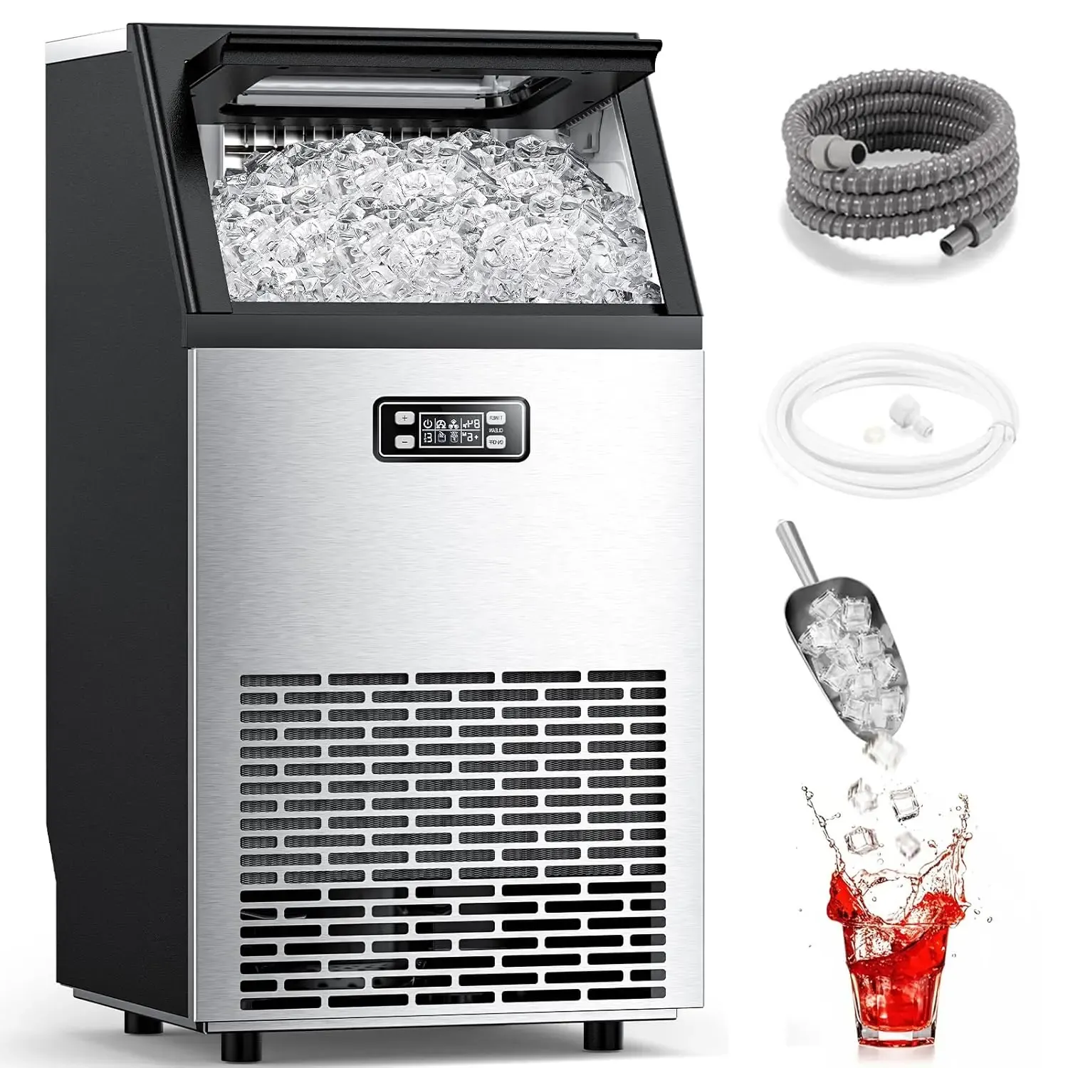 Máquina de Hielo Comercial de 100 lb con Autolimpieza, Fabricadora de Hielo de Acero Inoxidable con Temporizador de 24 Horas y Cesta de 33 lb, Ideal para Hogar, Bar, Oficina y RV