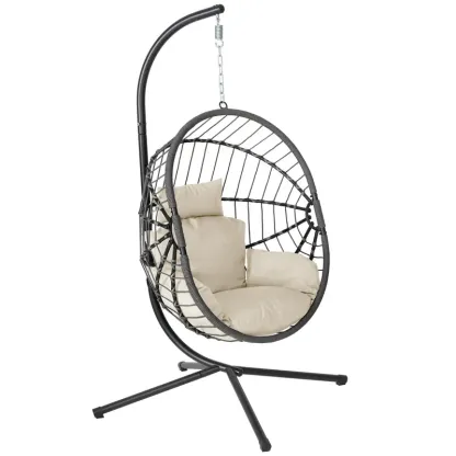 Sillón colgante tipo huevo con soporte – Columpio de ratán tejido a mano para patio con cojín, capacidad de 350 libras – Estilo elegante para interiores y exteriores (patio, jardín y zona de piscina)