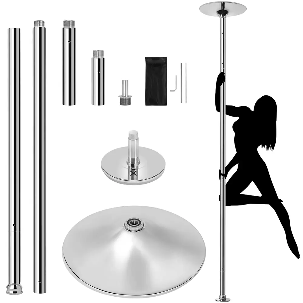 【Alta resistencia】Barra de baile profesional cromada y portátil de 45 mm; cuenta con dos modos (giratorio y estático), es desmontable y de altura ajustable (de 7 a 9 pies), ideal para uso doméstico.