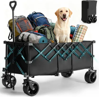 Carro de jardín de acero resistente: carrito multiusos plegable de 300 L, capacidad de 180 kg, ruedas de 7 pulgadas, ideal para acampada y jardinería; disponible en negro, azul y gris.