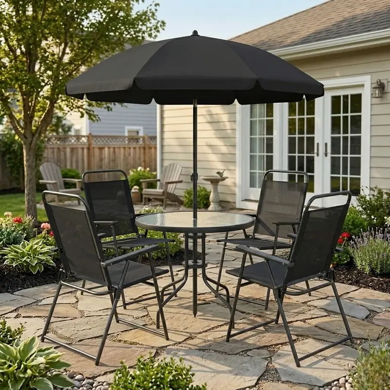 Juego de comedor para patio de 6 piezas para 4 personas con sombrilla, mesa y sillas de exterior (incluye 4 sillas plegables y mesa redonda de vidrio) para jardín, patio trasero y zona de piscina.