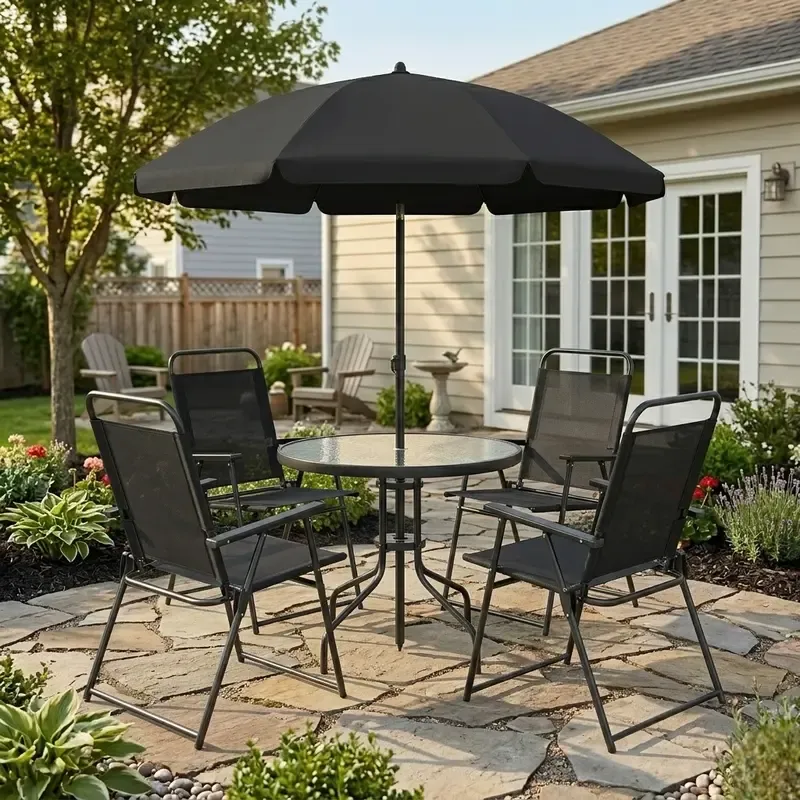 Juego de comedor para patio de 6 piezas para 4 personas con sombrilla, mesa y sillas de exterior (incluye 4 sillas plegables y mesa redonda de vidrio) para jardín, patio trasero y zona de piscina.