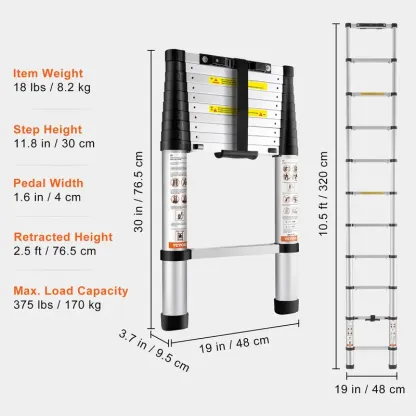 Escalera telescópica de 12.5 pies — De aluminio, ligera, multiusos y plegable — Retracción con un solo toque — Alta resistencia (capacidad máx. de 330 lb) con pies antideslizantes — Ideal para el hogar, trabajos al aire libre y acceso a desvanes.