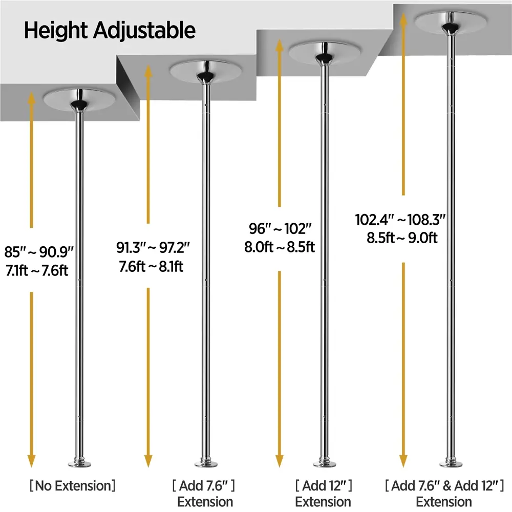 【Alta resistencia】Barra de baile profesional cromada y portátil de 45 mm; cuenta con dos modos (giratorio y estático), es desmontable y de altura ajustable (de 7 a 9 pies), ideal para uso doméstico.
