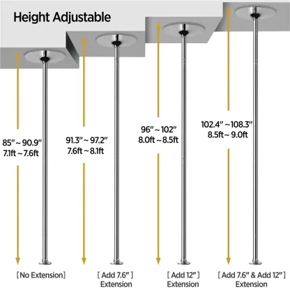 【Alta resistencia】Barra de baile profesional cromada y portátil de 45 mm; cuenta con dos modos (giratorio y estático), es desmontable y de altura ajustable (de 7 a 9 pies), ideal para uso doméstico.