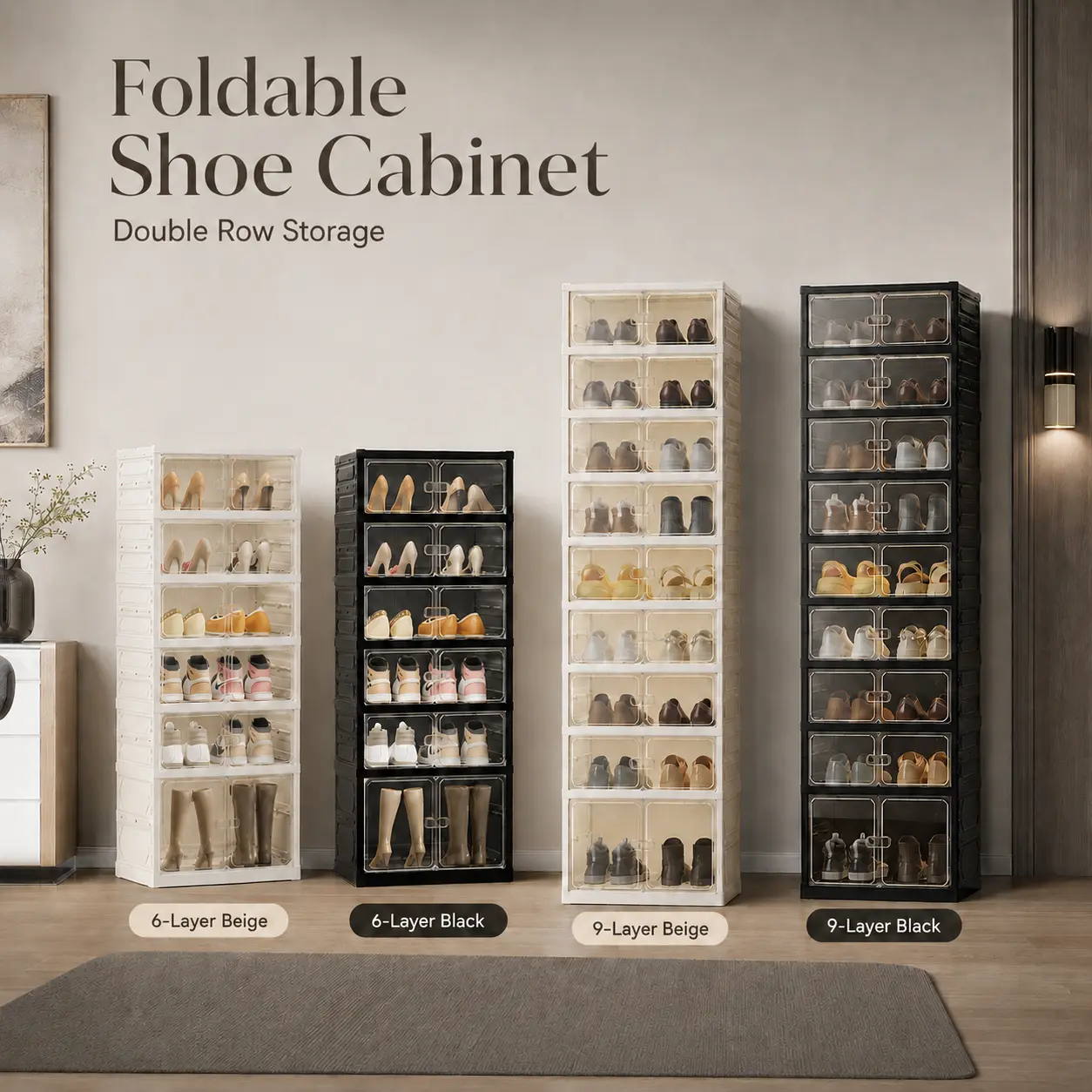 Zapatero plegable con puertas magnéticas transparentes, unidad de almacenamiento de 9 niveles para 18 pares de zapatos, diseño sencillo, gran capacidad, resistente, zapatero de plástico apilable, ahorra espacio, no requiere instalación.