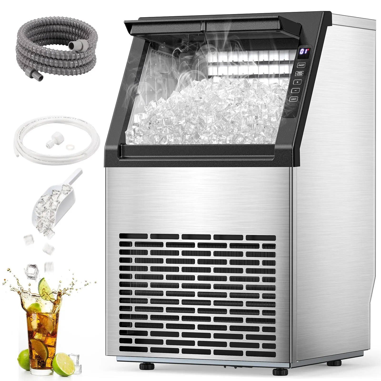 Máquina de Hielo Comercial de 100 lb con Autolimpieza, Fabricadora de Hielo de Acero Inoxidable con Temporizador de 24 Horas y Cesta de 33 lb, Ideal para Hogar, Bar, Oficina y RV